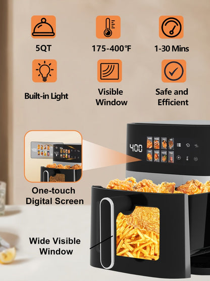 Air Fryer 6QT Multi Function LED Digital Touchscreen Visible Window Oil Free Non-Stick Basket for Entryways, Bedrooms and Living Spaces