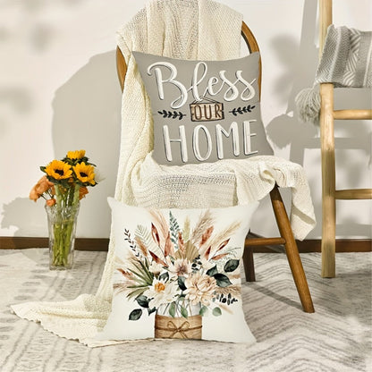 Four-Piece Botanical Farmhouse Pillow Cover Set in 18 x 18-Inch Size with Inserts Not Included