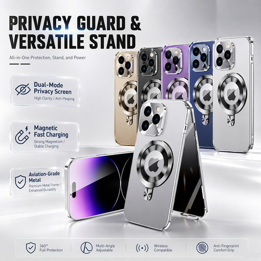 Phone Case Privacy Screen with Aluminum Alloy Frame, Rear Stand and MagSafe Support for iPhone 15 Pro