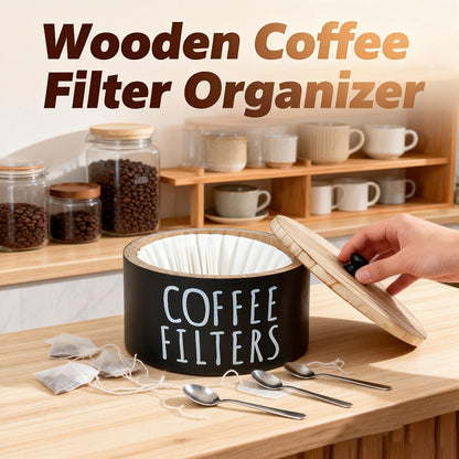Wooden Coffee Filter Holder with Lid – Large Capacity Rustic Round Organizer Dispenser for Coffee Filters & Tea Bags, Bamboo Lid, Kitchen Countertop Coffee Bar Decor