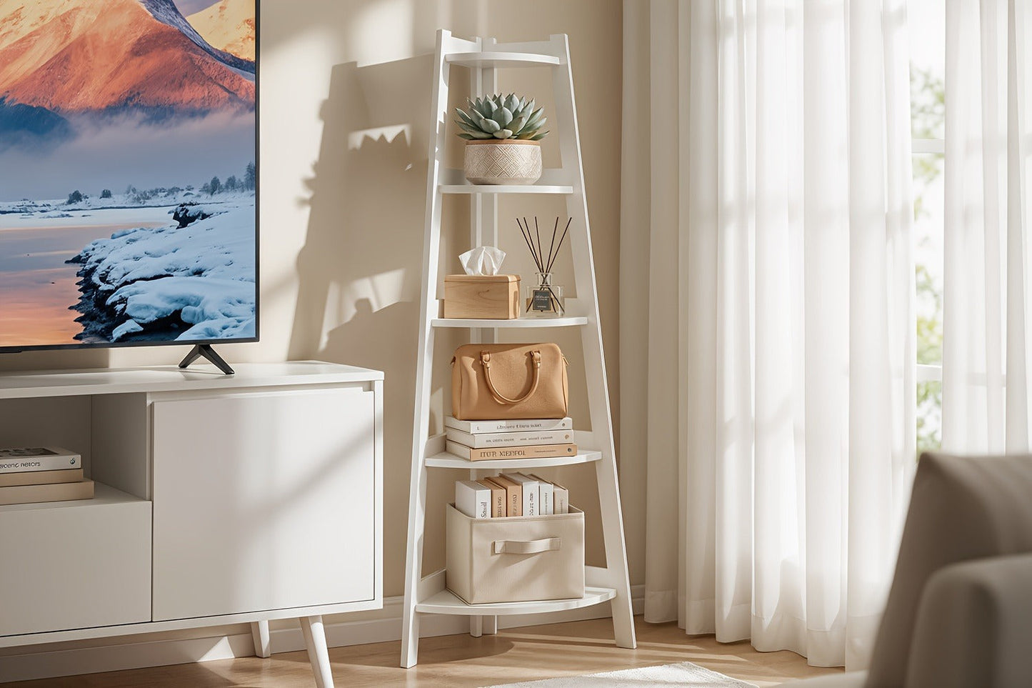 Corner Shelf 5-Tier Scandinavian Storage Cabinet – Space-Saving Vertical Organizer with Baskets, Shelves & Drawer, Modern Plastic Corner Rack for Home, Study, Balcony & Bathroom (White)