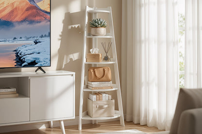 Corner Shelf 5-Tier Scandinavian Storage Cabinet – Space-Saving Vertical Organizer with Baskets, Shelves & Drawer, Modern Plastic Corner Rack for Home, Study, Balcony & Bathroom (White)