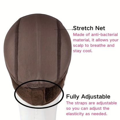 Wide Lace Wig Grip Caps, Two-Piece Set with Ear Cutouts and Adjustable Straps in Brown, Black or Beige