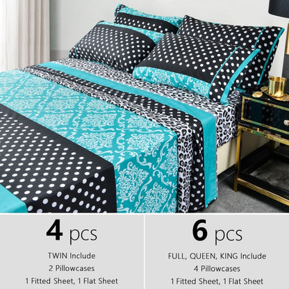 Microfiber Bed Sheet Set 4/6 Pcs – Soft Breathable Patchwork Printed Bedding with Deep Pocket Fitted Sheet, Wrinkle-Resistant Easy Care – Twin, Full, Queen, King Sizes Available