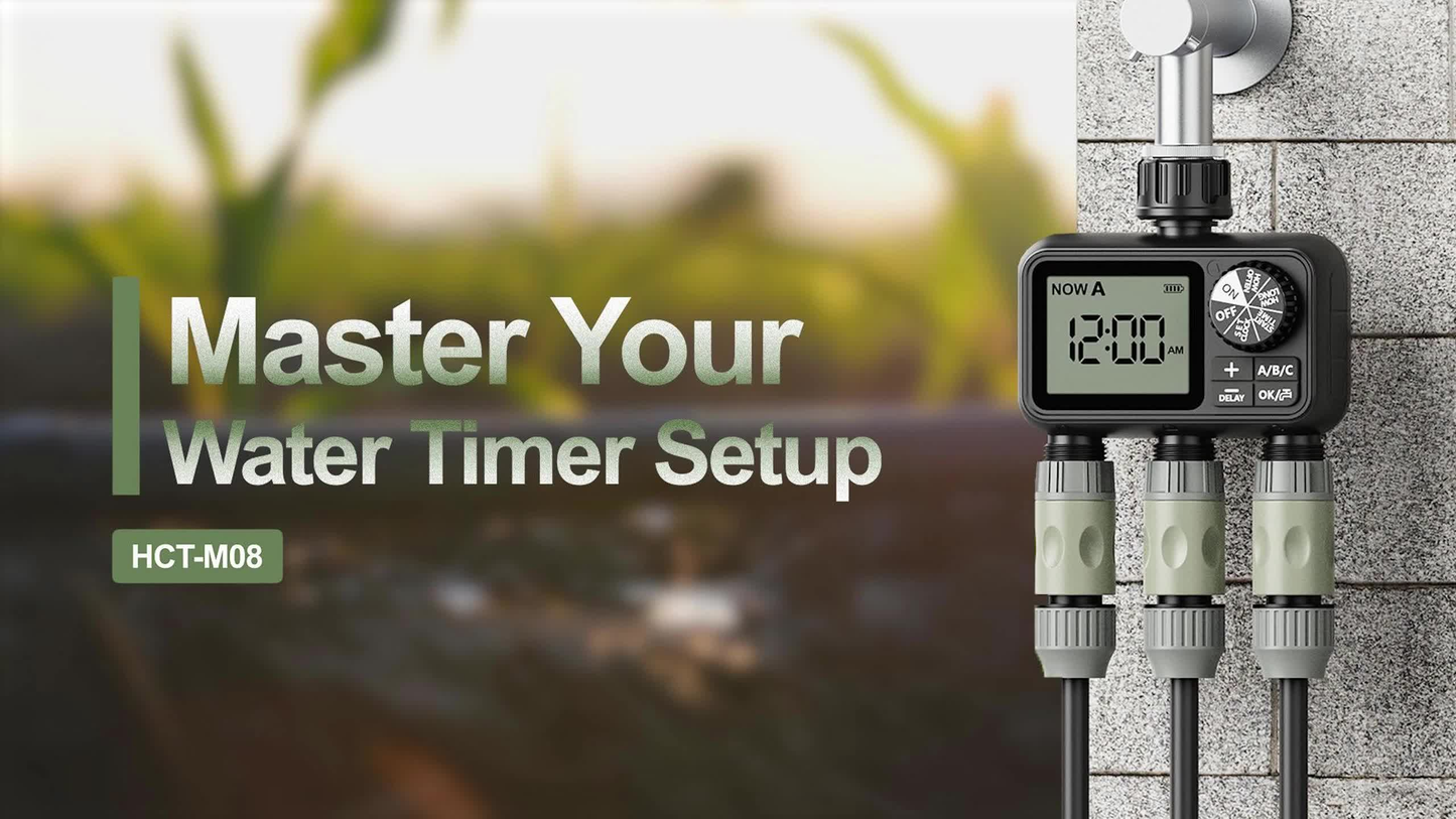 3-Zone Sprinkler Timer with Auto/Manual/Rain Delay Modes – Programmable Garden Hose Irrigation Controller, LCD Display, IPX5 Waterproof