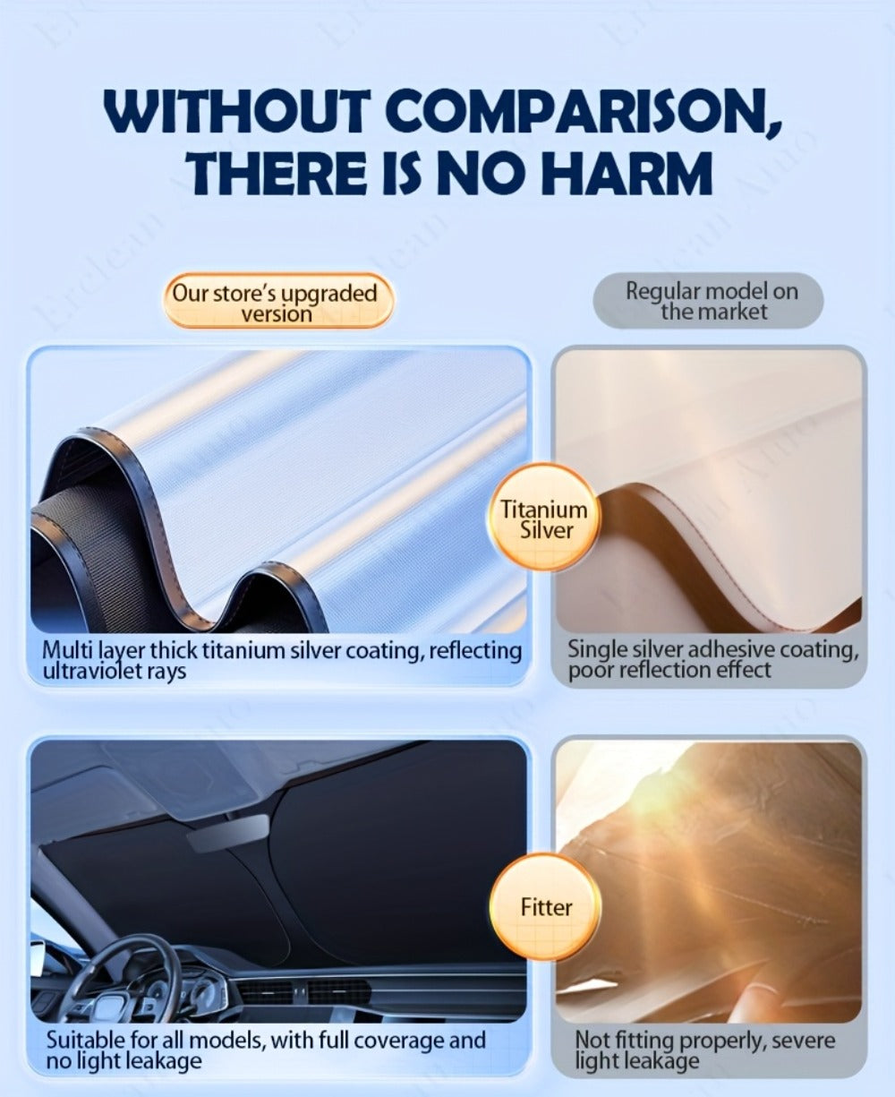 Windshield Sun Shade with Hook & Loop Closure - Foldable Front Window UV Ray Blocker, Dashboard Heat Protector, Universal Fit Car Interior Sun Visor for Cooler Cabin