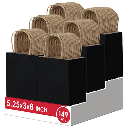 Small Black Kraft Paper Gift Bags 149-Piece Pack with Handles in 5.25 x 3 x 8 Inch Size for Retail