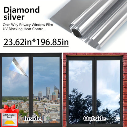 One Way Privacy Window Film Static Cling No Glue - Heat Control Anti-Glare Sun Blocking Reflective Mirror Tint for Home Office Hotel, Nano Ceramic 5Mil PVC, Easy Install Removable Window Privacy Film