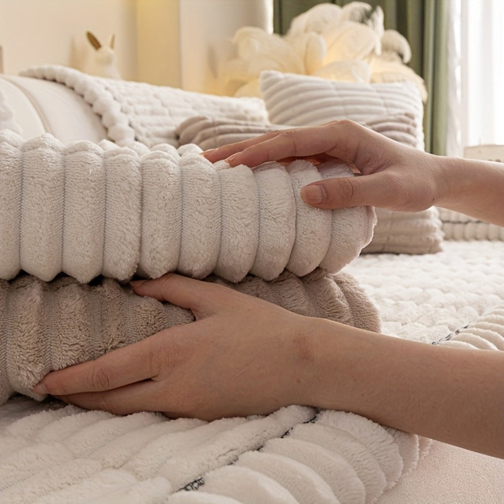 Wavy-Edge Plush Sofa Cushion Cover in Four Colors with Single-, Two-, Three- or Four-Seat Sizes