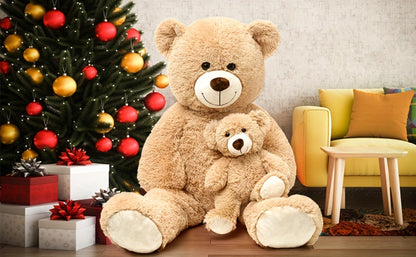 Stuffed Animal Mommy and Baby Teddy Bear Two-Piece Set in Light Brown with Large Cuddly Design