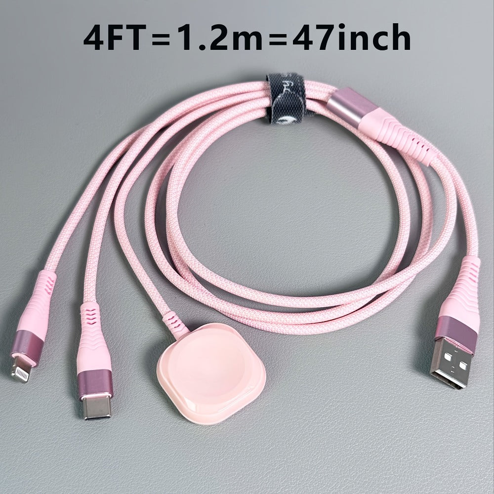 Nylon Braided 3-in-1 Magnetic Charging Cable 1.2M – iWatch Wireless Charger + Lightning Fast Charge + USB-C for iPhone 8–16 Android Samsung – Apple Watch Series 1–10 SE Ultra Nike+ Pink