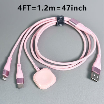 Nylon Braided 3-in-1 Magnetic Charging Cable 1.2M – iWatch Wireless Charger + Lightning Fast Charge + USB-C for iPhone 8–16 Android Samsung – Apple Watch Series 1–10 SE Ultra Nike+ Pink