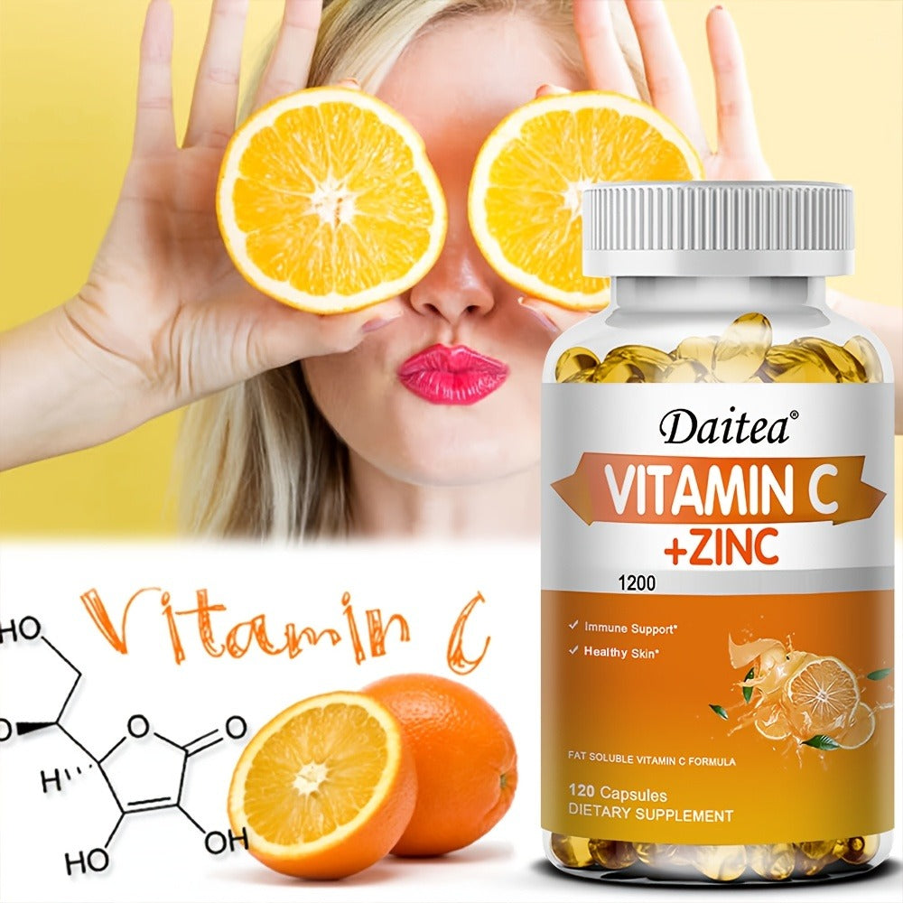 Dietary Supplement Vitamin C 1200mg and Zinc 20mg Softgels in a 120-Count Bottle for Daily Supplement Routines