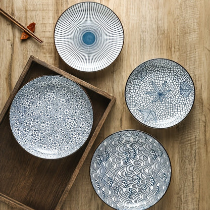 Blue White Ceramic Plates Set of 4 Round Shallow Serving Plates for Pasta Salad Bread for Entryways, Bedrooms and Living Spaces