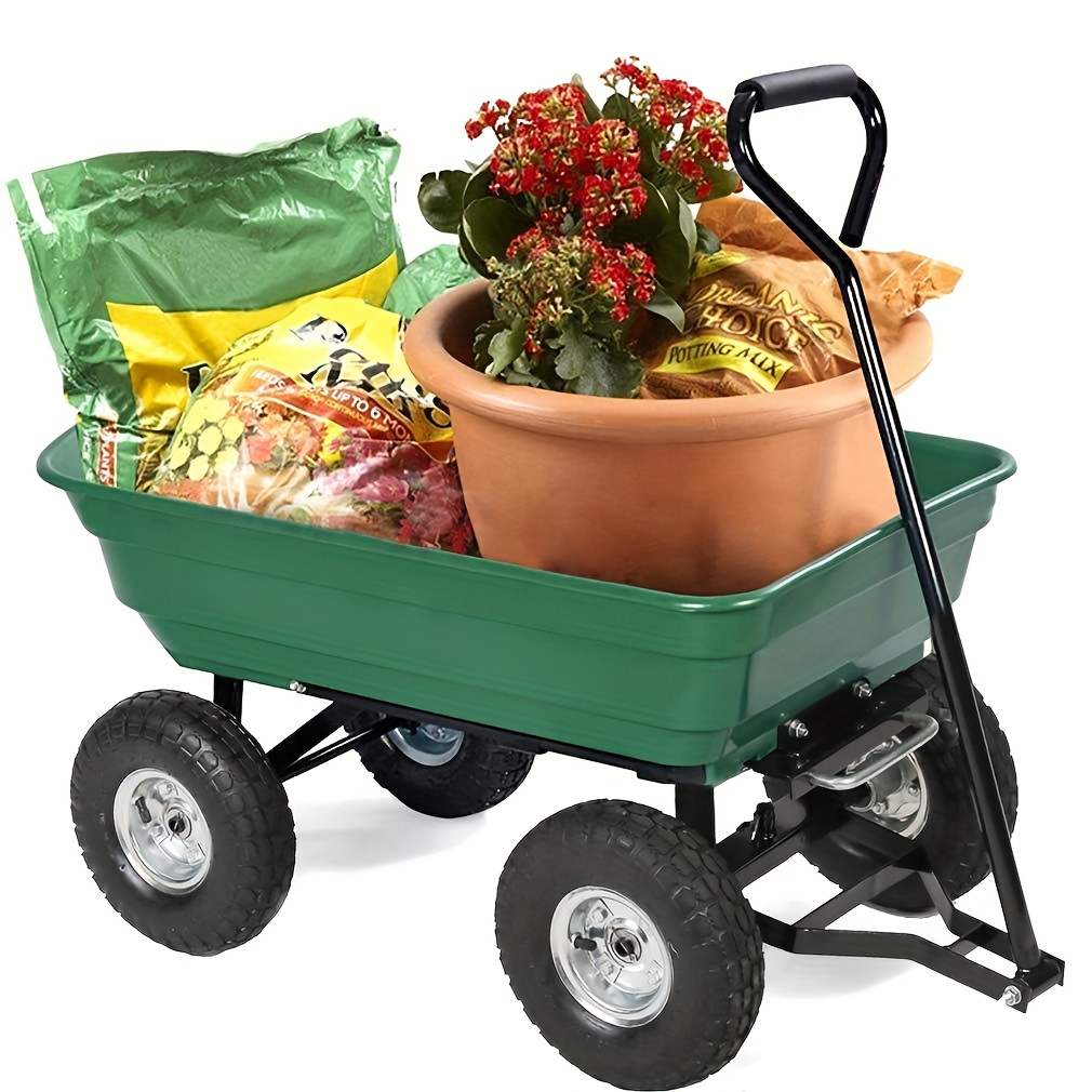 Garden Cart Heavy Duty Steel Yard Wagon 220 Lb Capacity Dump Cart with 10 Inch Pneumatic Tires All Terrain Utility Cart for Lawn Farm Gardening Green