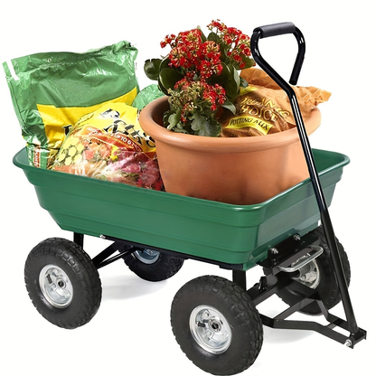 Garden Cart Heavy Duty Steel Yard Wagon 220 Lb Capacity Dump Cart with 10 Inch Pneumatic Tires All Terrain Utility Cart for Lawn Farm Gardening Green