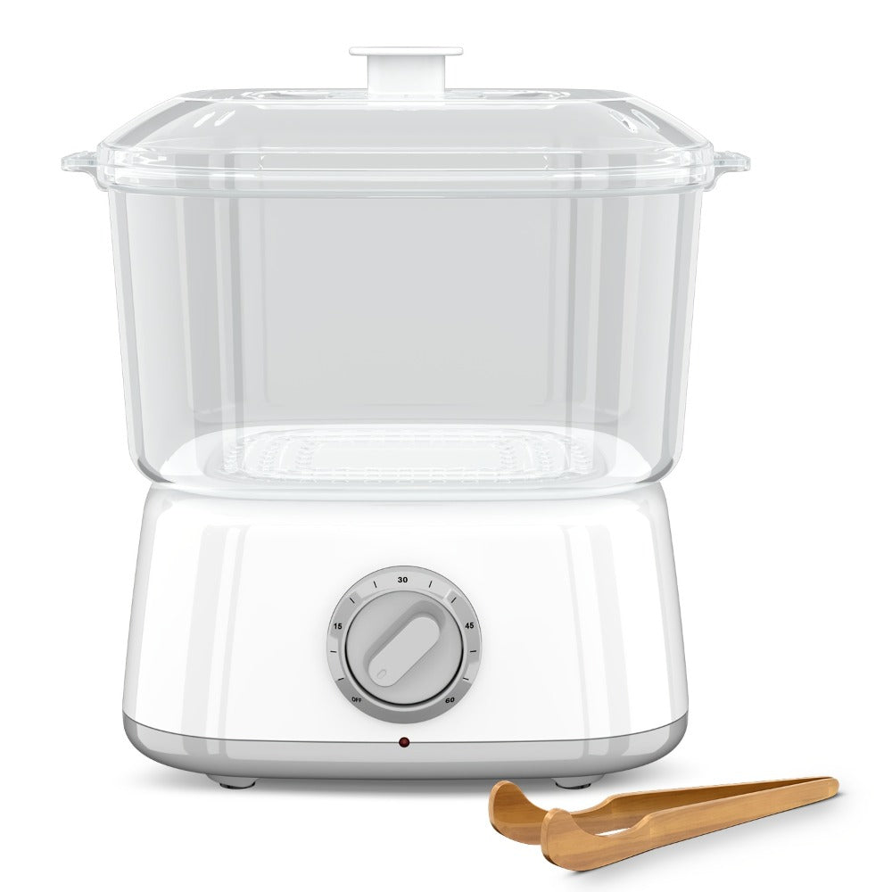 Compact Countertop Towel Steamer with Rotary Control, Black or White Base and Removable Clear Container
