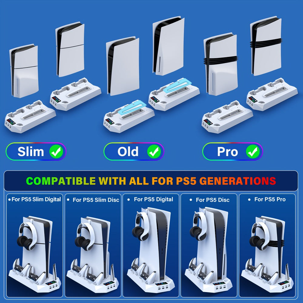 Five-in-One Console Stand Compatible with PS5 Models, Dual Controller Dock, Fan, USB Hub and Headset Holder