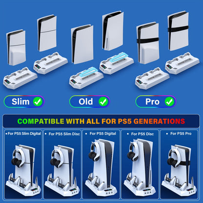 Five-in-One Console Stand Compatible with PS5 Models, Dual Controller Dock, Fan, USB Hub and Headset Holder