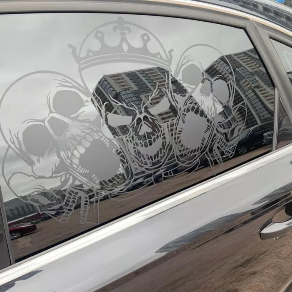 Car Window Decal Gothic Skull 2PCS Reflective Silver UV-Resistant Vinyl | Skeleton Sticker Full Cover Halloween Car Decoration Small 17x11in Large 21.6x17.7in Laptop Mirror Auto Styling