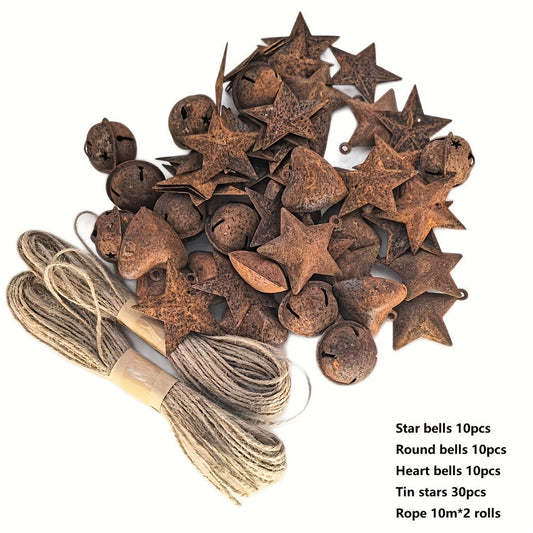 Christmas Bells Decorations 62pcs Set – Rustic Iron Jingle Bells with Heart, Star & Round Shapes, Vintage Craft Bells with 2 Rolls of Rope for Christmas Tree, Party & Home Decor DIY Ornaments