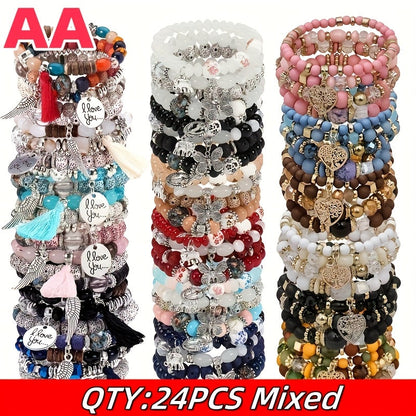 Bracelet Set, 24-Piece Assorted Wood-Bead Elastic Stack with Tassels and Pendant-Style Accents