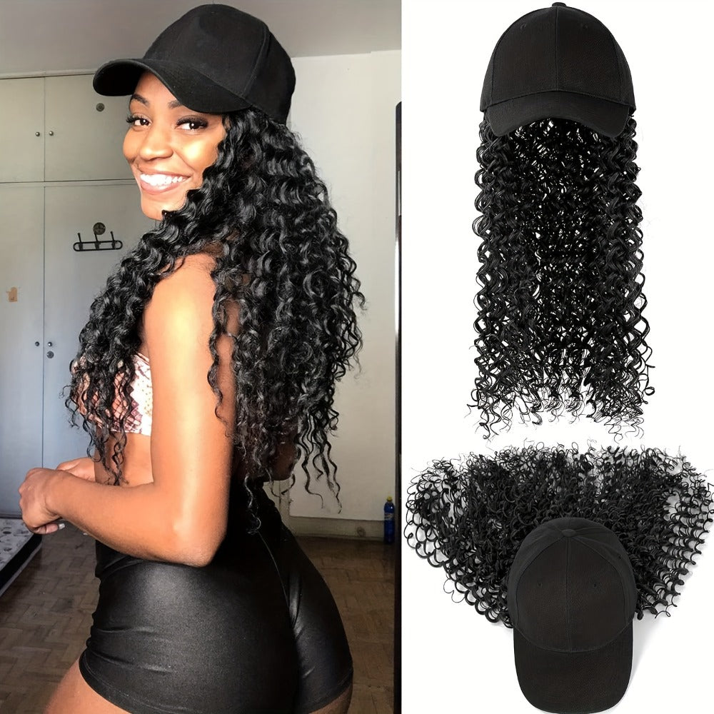 Afro Kinky Curly Baseball Cap Wig for Women 18 Inch Hat and Wig Combo Adjustable Elastic Net Long Synthetic Curly Hair Multi-Color Casual Daily Outdoor Wear