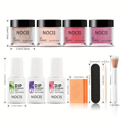 Dip Powder Nail Kit with NOCIS Label, Four Brown Nude Burgundy Glitter Powders, Three 10ml Liquids and Tools