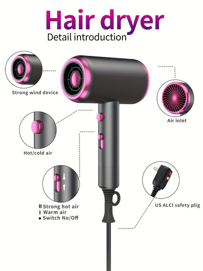 Hair Dryer Hair Styling Tool with 1600W Motor, Six Attachments and Six Color Options for Home Use