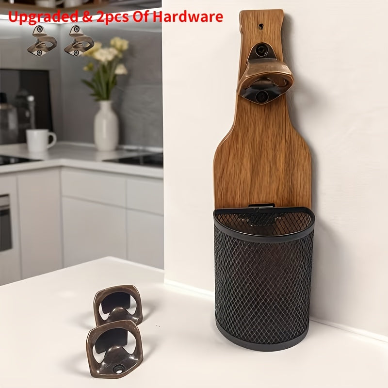 Wall-Mounted Bottle Opener with Rustic Wood-Look Backboard, Metal Cap Catcher Basket and Two-Piece Hardware Set