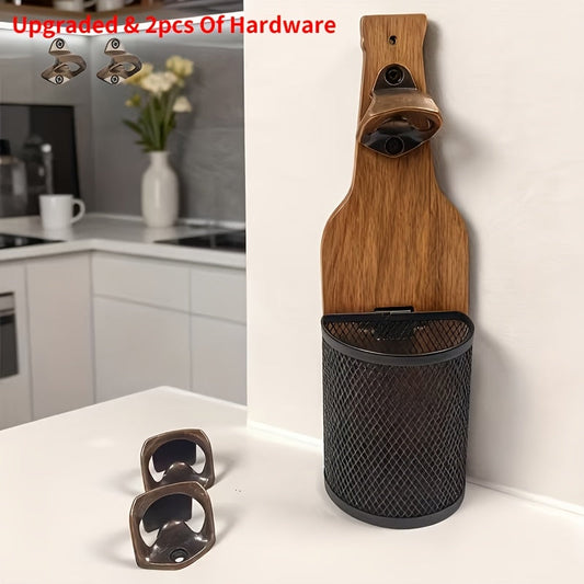 Wooden Bottle Opener Wall Mounted with Metal Cap Catcher – Handcrafted Rustic Beer Opener, Freestanding or Wall Mount, Holiday Gift for Men