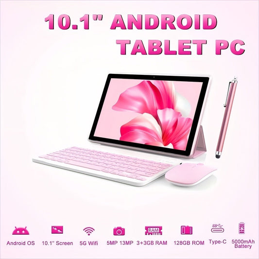 Pink 2-in-1 Android Tablet 10.1 Inch 6GB RAM 128GB ROM 5G WiFi with Keyboard Mouse Case Stylus Pen Dual Camera Type-C Touch Screen Portable Tablet PC Bundle for Work Study Women Teens