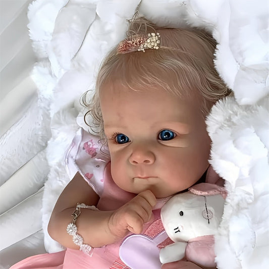 Reborn Doll, 22-Inch Full-Vinyl Open-Eye Figure with Hand-Rooted Hair and Pink Clothing Set