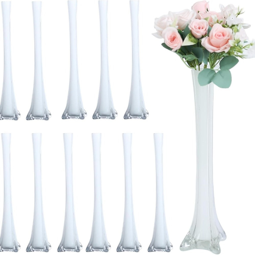 Eiffel Tower Vase Pack of 12 – Tall Glass Flower Vases for Wedding Centerpiece, Event Table Decor, Floral Arrangements & Party Decoration, Clear Black White, 12" 16" 20" 24" Sizes