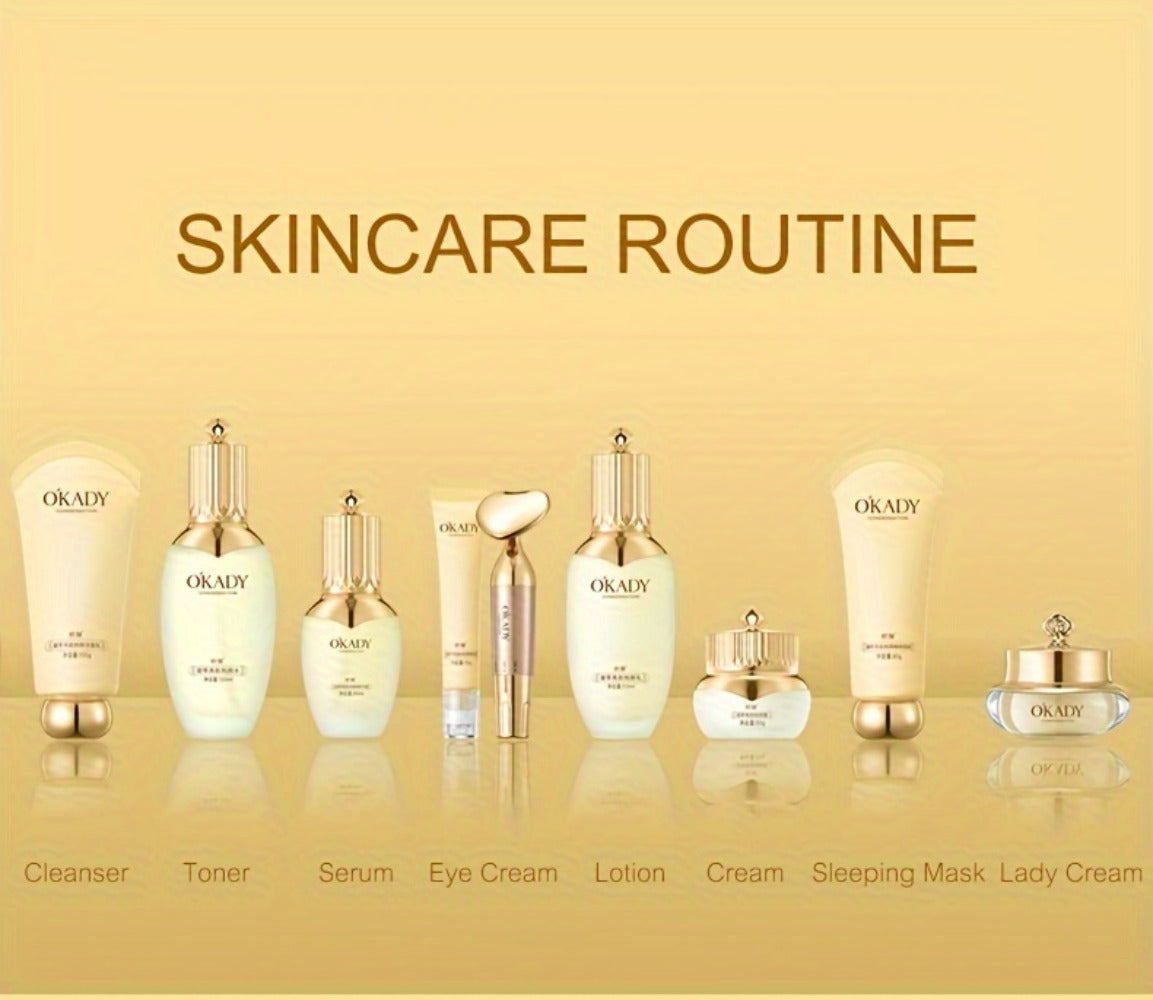 Skincare Set with OKADY Label, 9 Ginseng Products Including Cleanser Toner Essence Serum and Creams