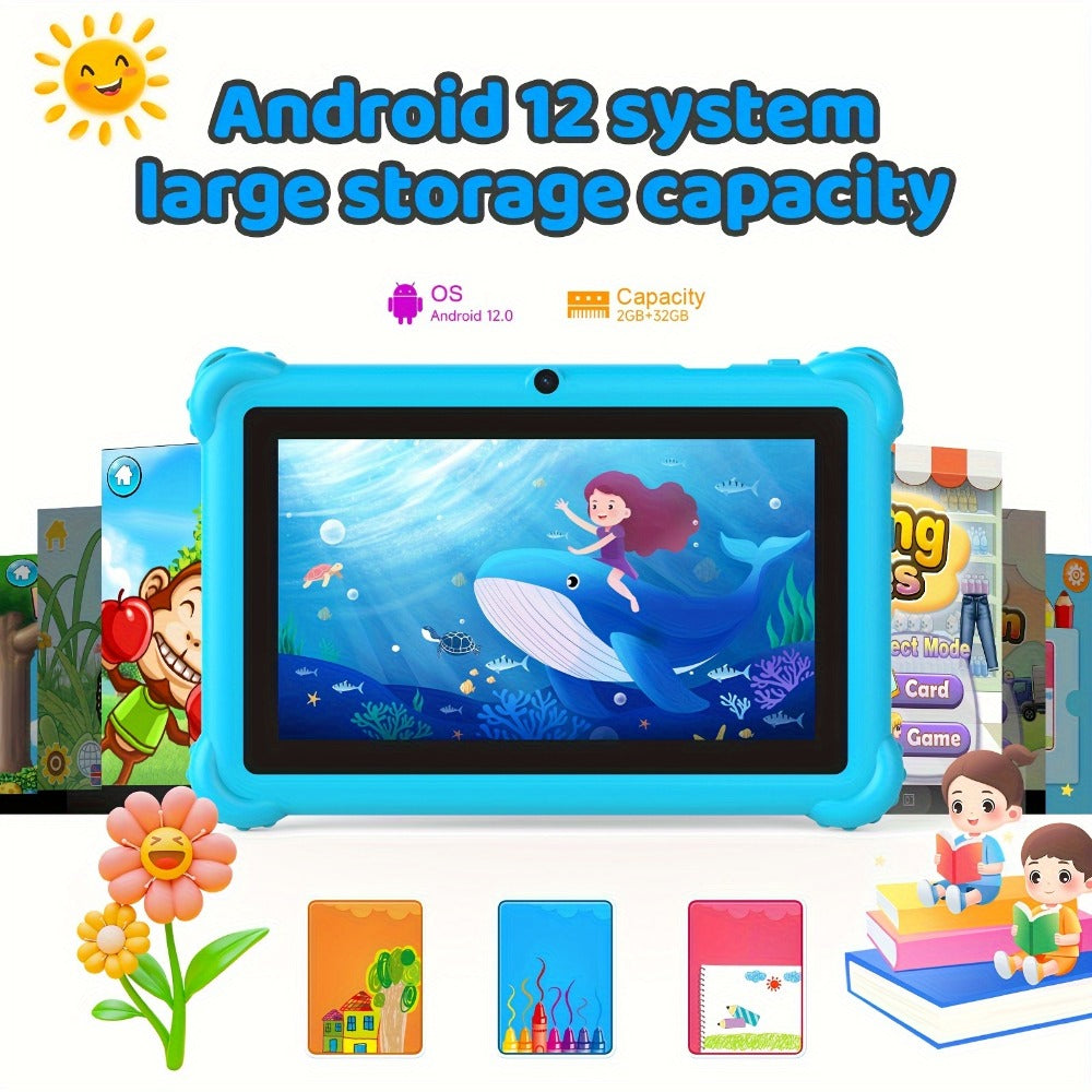 PEICHENG 7 Inch Kids Tablet with Silicone Case – Eye Protection Screen, WiFi, 2GB RAM 32GB ROM, Dual Camera, Parental Control, Educational Games, Android Tablet Gift for Kids Blue Pink