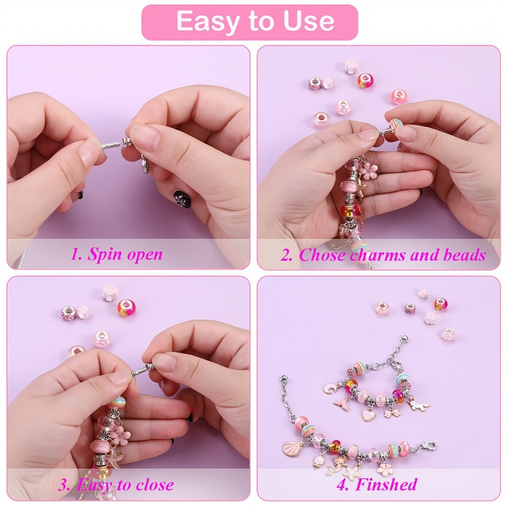 Bracelet Making Craft Kit with Portable Jewelry Box, Beads and Charms in Seven Color or Theme Options