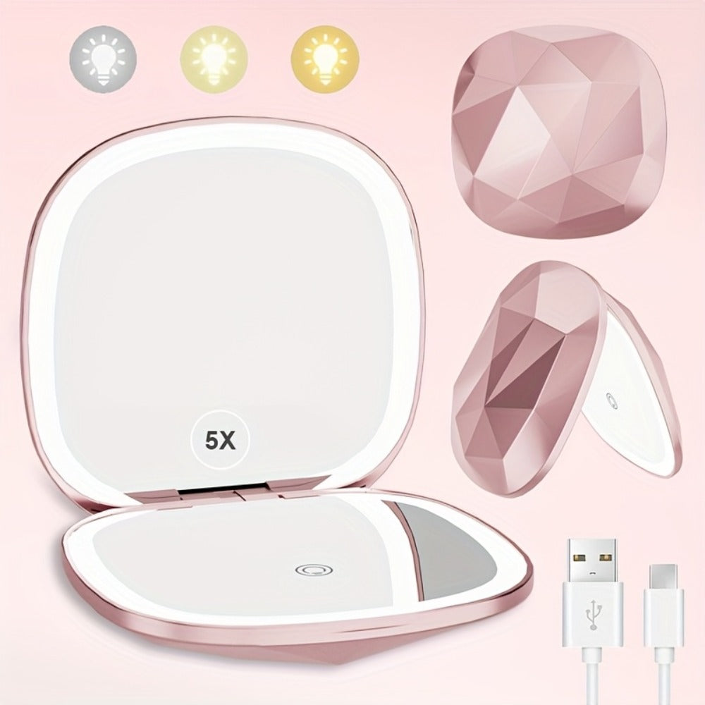 LED Makeup Mirror with 5X Magnification & 3 Color Lights - Dual Sided 1X 5X Lighted Vanity Mirror, Portable Compact Travel Mirror for Women, Purse Desk Office Gift