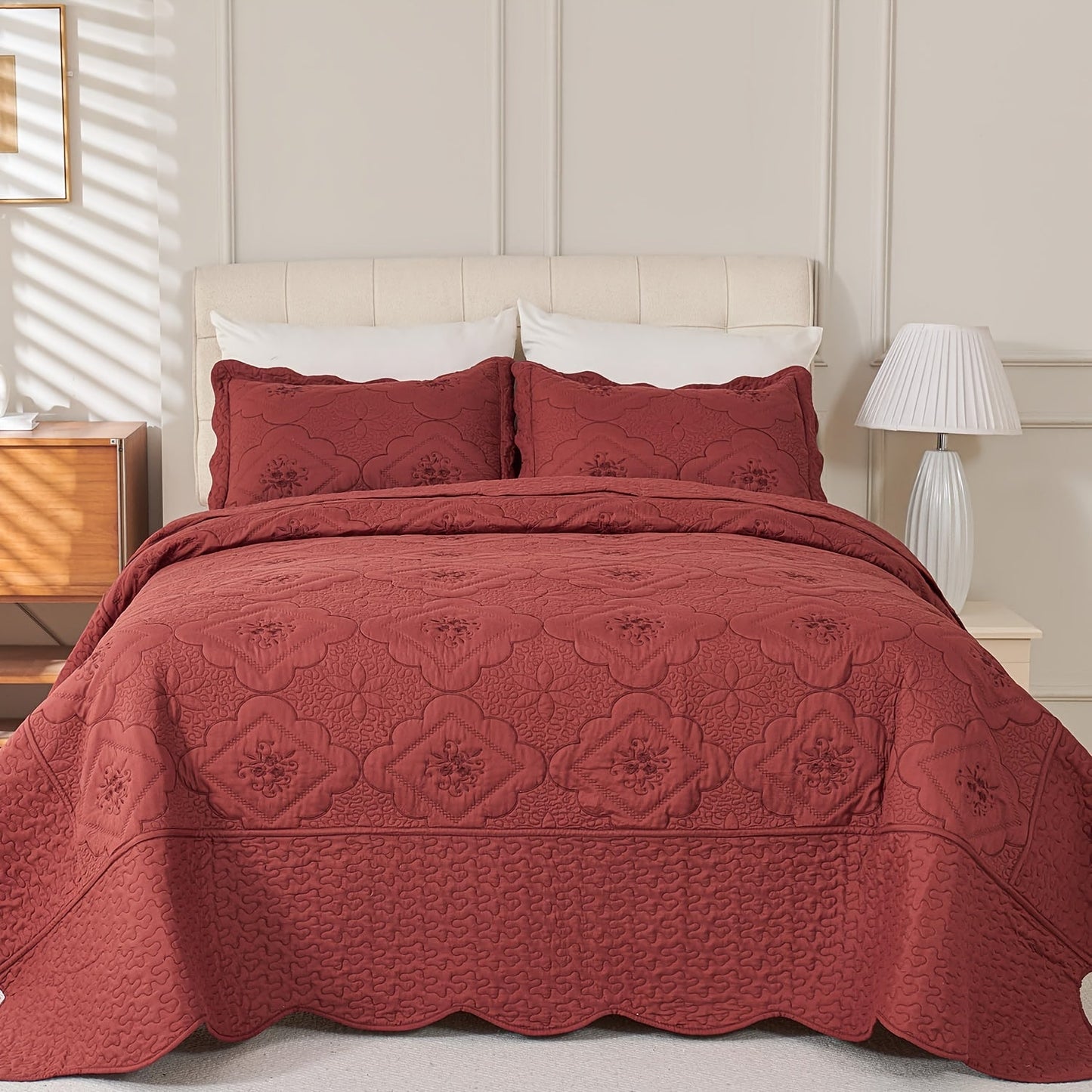 Quilt Set 3 Piece Floral Embroidery Bedspread - 100% Polyester Wrinkle Resistant Lightweight Quilted Coverlet with 2 Pillow Shams for Full Queen King Bed, Elegant Bedroom Decor in 19 Colors
