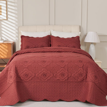 Quilt Set 3 Piece Floral Embroidery Bedspread - 100% Polyester Wrinkle Resistant Lightweight Quilted Coverlet with 2 Pillow Shams for Full Queen King Bed, Elegant Bedroom Decor in 19 Colors