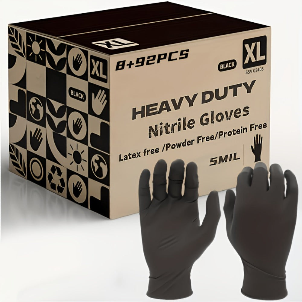 Black Nitrile Disposable Gloves in 8+92-Piece Packs with 5 Mil Label and Four Size Options
