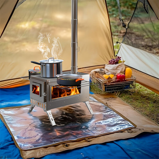 Wood Burning Stove Portable Camping Tent Stove with 7 Detachable Chimney Pipes, Stainless Steel, Adjustable Height, Fire-Resistant Window, Ash Tool & Carry Bag