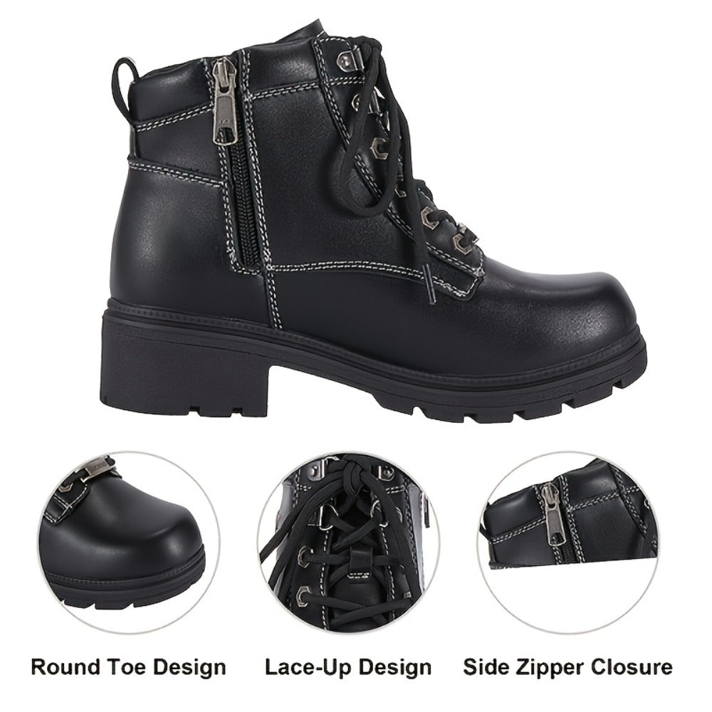 Women's Motorcycle Riding Boots, Low Heel Lace-Up Ankle Booties with Side Zipper, Non-Slip Rubber Sole Biker Combat Boots in Black Faux Leather, All-Season, US Sizes 6–11