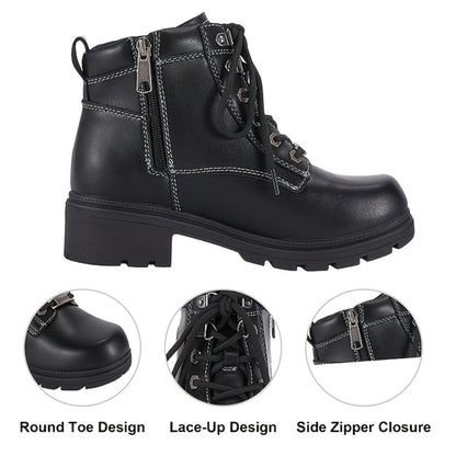 Women's Motorcycle Riding Boots, Low Heel Lace-Up Ankle Booties with Side Zipper, Non-Slip Rubber Sole Biker Combat Boots in Black Faux Leather, All-Season, US Sizes 6–11