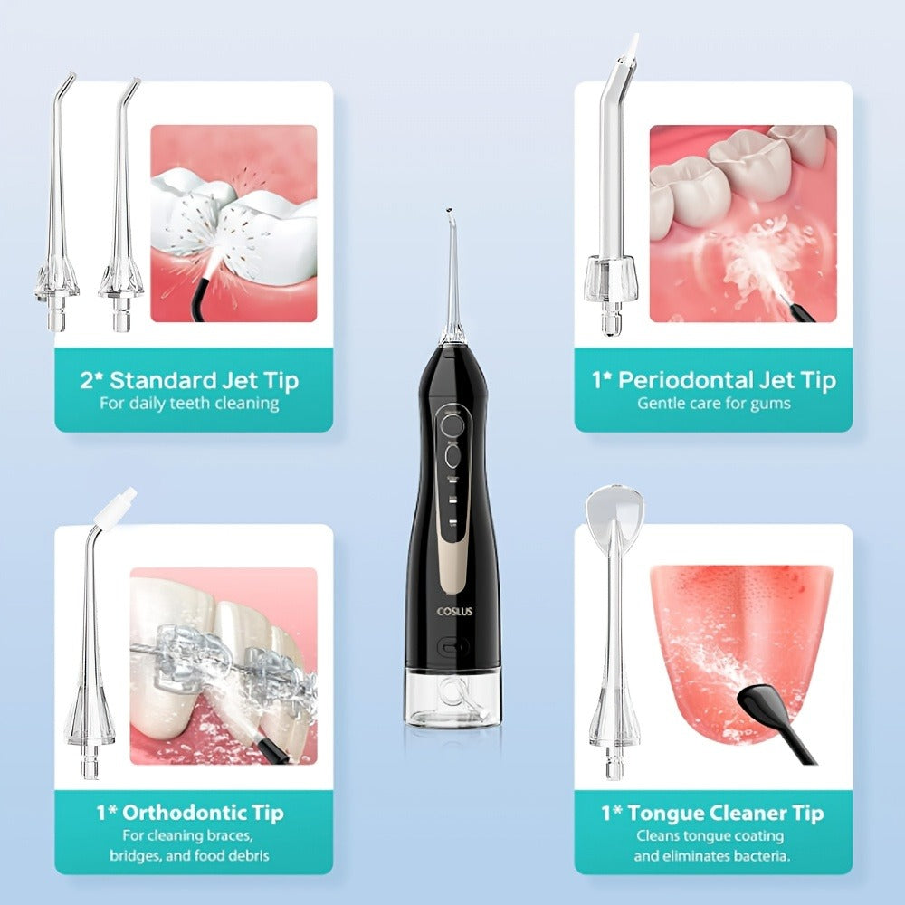 Water Flosser COSLUS CX20 Cordless Oral Irrigator with 300ml Detachable Tank, Five Tips, Rotating Nozzle and Gold Accents