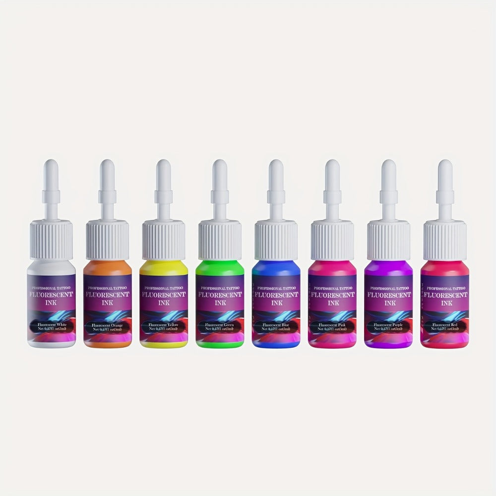 Tattoo Ink DMTATTOO UV Blacklight Set with Eight 5ml Bottles in White, Red, Orange, Green, Yellow, Purple, Blue and Pink