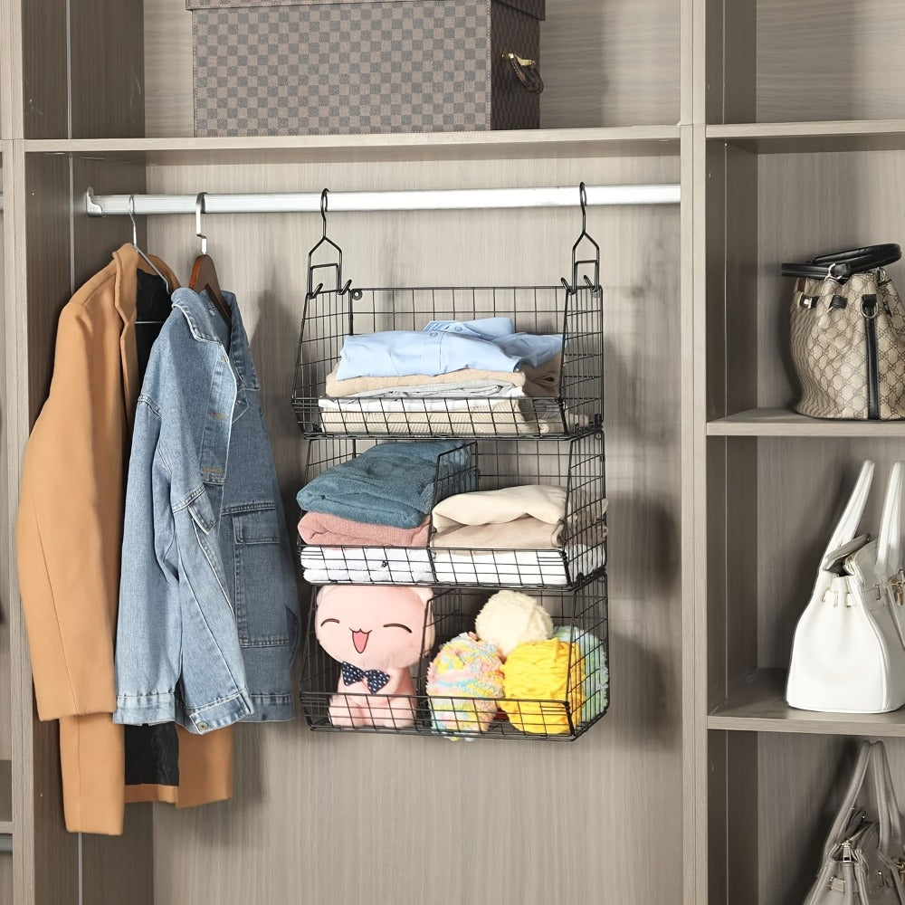 Three-Piece Hanging Wire Basket Organizer Set with Rotating Hooks in Black or White for Shelf Storage