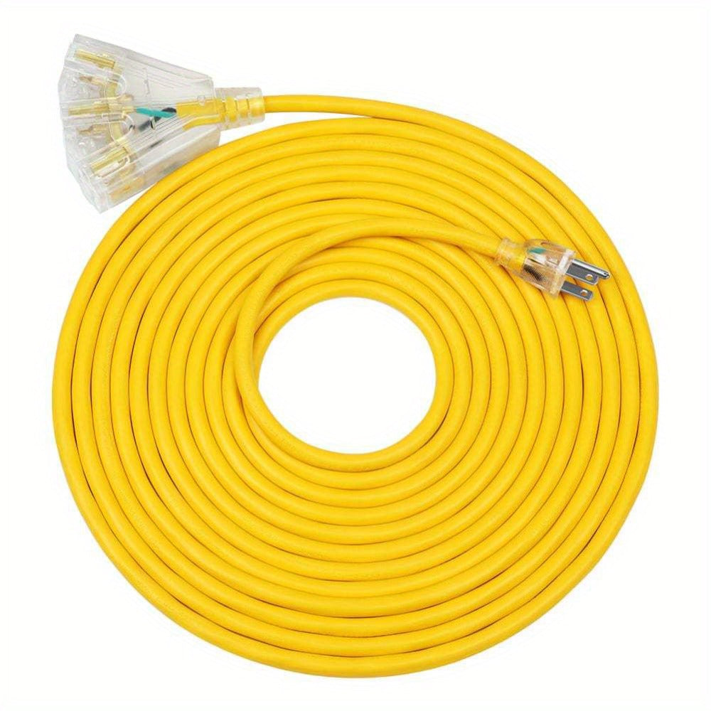 Yellow 25-Foot 14/3 Extension Cord with Three-Outlet Lighted Tri-Tap, 15A 125V and 1875W Label