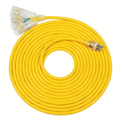 Yellow 25-Foot 14/3 Extension Cord with Three-Outlet Lighted Tri-Tap, 15A 125V and 1875W Label