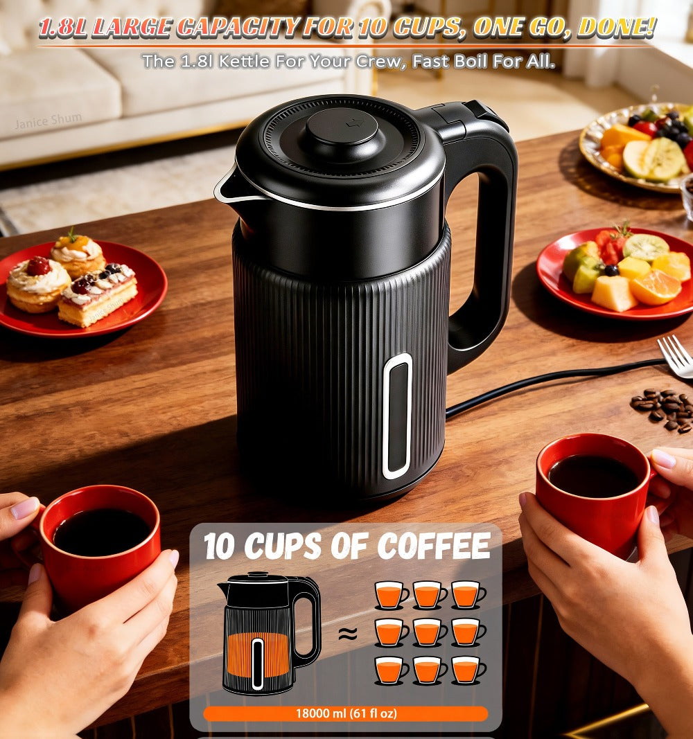 Electric Kettle 1.7L 1000W Double-Wall Stainless Steel with LED Indicator and 360-Degree Base